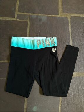 Vintage 💓 2010s- VS PINK Black Leggings with Turquoise Ombre Waistband